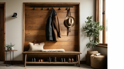 Farmhouse Welcome: Wall-Mounted Coat Rack and Rustic Bench in Entry Hal - obrazy, fototapety, plakaty