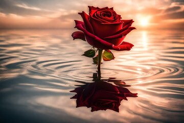 A stunning crimson rose adrift on a mirror-like sea, illuminated by the soft hues of the rising sun