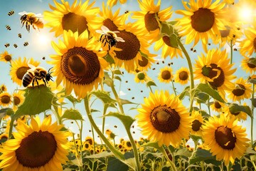 Bees buzzing around sunflowers in a bright, sun-soaked meadow.