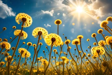 Sunlight filtering through a field of golden dandelions, set against the backdrop of a vivid blue sky.