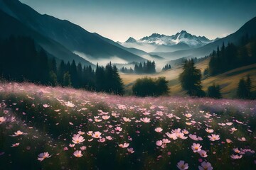 A field of cosmos flowers with a backdrop of distant mountains, the early morning mist creating a mystical atmosphere, with the scene captured in a high-definition, cool-toned vintage filter.