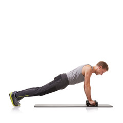 Push ups, white background or man in dumbbells training, exercise or workout for body or wellness....