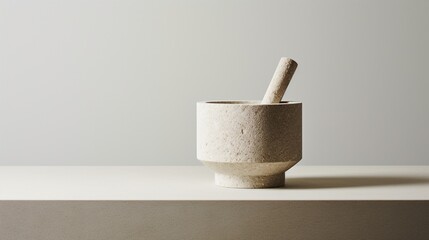 a solo stylish stone mortar and pestle, its minimalist design exuding sophistication against a...