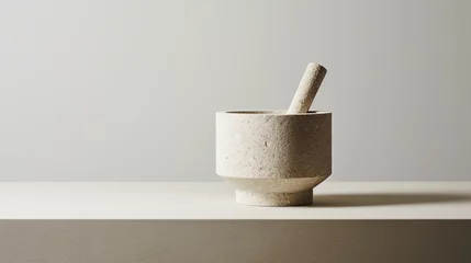  a solo stylish stone mortar and pestle, its minimalist design exuding sophistication against a seamless white background. © Ahmad
