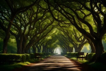 Close-up views of charming road benches nestled within a picturesque tree tunnel, creating a tranquil escape in the heart of nature.
