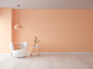 Fototapeta na wymiar Peach fuzz room ,minimal interior livingroom. peach armchair with peach color paint wall. color of the year 2024 . Mockup background. 3d render