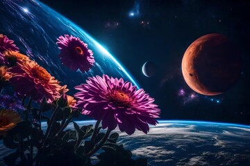 A vivid flower unfurling its petals in the surreal expanse of outer space, surrounded by celestial bodies and spacecraft.