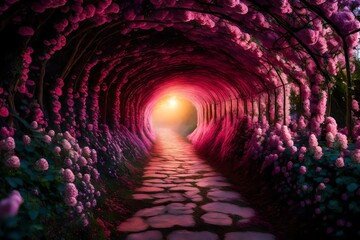Twilight descending upon the pink flower tunnel, turning it into a magical realm of enchantment and love.