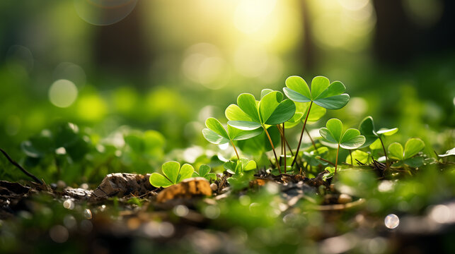 Clover field, leaves close-up, water drops, bokeh and sunlight in the background. St.Patrick 's Day