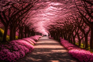 A symphony of pink blossoms, with the tunnel extending into the distance, inviting you to explore its romantic secrets.
