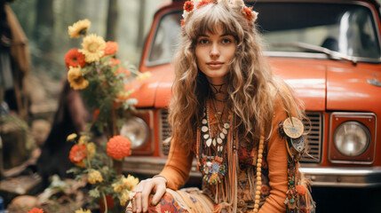 Hippie Life with Music and Love 1960s Vintage Retro Hippie Movement Flower Power Music 1960s Peace and Love Wallpaper Background Cover Digital Art Poster