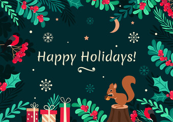 Christmas and New Year card with squirrel and bullfinch. Beautiful Christmas and New Year background with elements of forest and forest inhabitants. Christmas and New Year card in vector, flat style. © V. G. Design