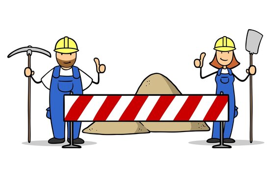 Male and female construction worker standing with safety barrier
