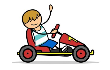 Cartoon boy driving red go-kart outdoors