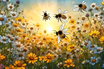 Bees buzzing amidst a tapestry of vivid wildflowers in a sun-drenched meadow. - obrazy, fototapety, plakaty