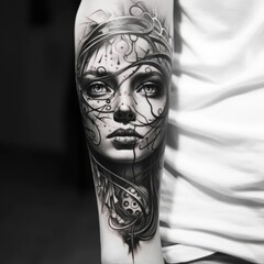 large black and white tattoo of a woman's face on the arm, art, close up