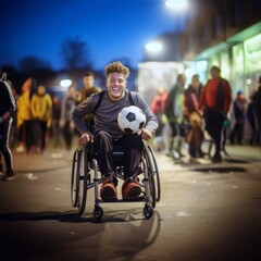 A happy man on a wheelchair is playing football in the city, in the evening