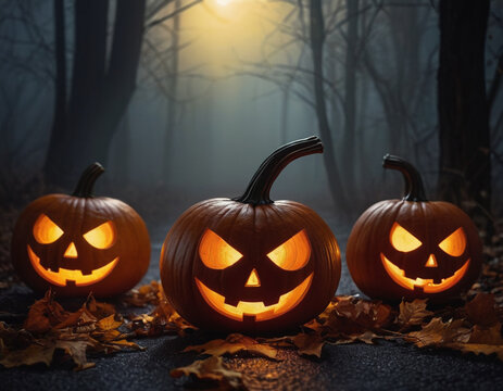 Halloween pumpkins in the forest at night.Halloween background with Evil Pumpkin. Spooky scary dark Night forrest.