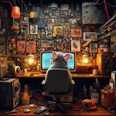 3d cartoon mouse sitting in front of the computer in the 90's, in the small room full of posters...