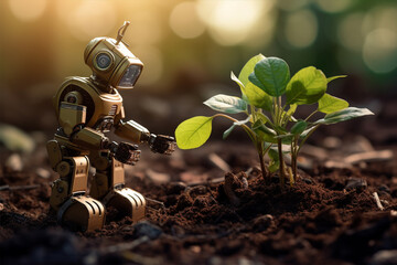 AI robot works with the soil and plants seedlings