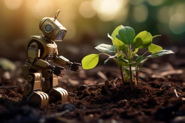 Fotobehang AI robot works with the soil and plants seedlings © Tetiana Kasatkina