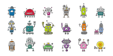 Funny robots characters. Childish style, icons collection for your design - 692605982