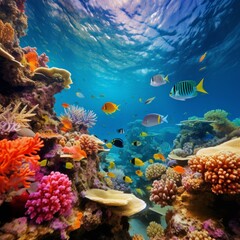 Naklejka na ściany i meble coral reef and fish, deep blue ocean, tropical, colorful, underwater life 