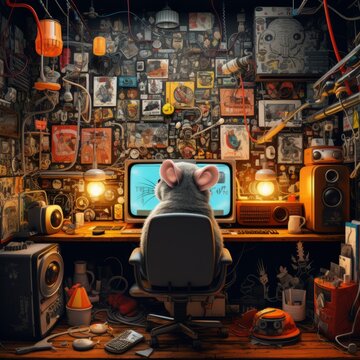 3d cartoon mouse sitting in front of the computer in the 90's, in the small room full of posters and wall art