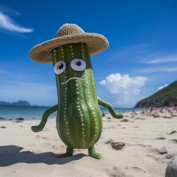 humanized cucumber wearing a sombrero, standing on the sandy beach 