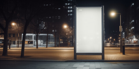 Vertical blank white billboard at a bus stop on a city street. 
