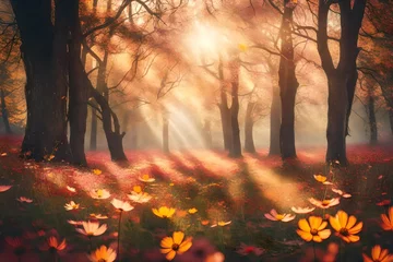 An autumnal scene of a cosmos flower field, with fallen leaves interspersed among the flowers, and a soft, diffuse sunlight filtering through the trees, creating a warm, nostalgic vintage effect. © Nazia