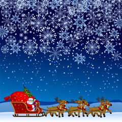 Christmas and New Year poster and page template with Santa Claus in a reindeer sleigh against a night winter landscape background. Vector illustration.