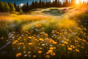The intricate patterns and vivid colors of wildflowers dancing in a sunlit summer meadow.