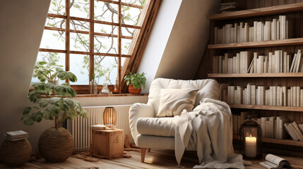 a comfortable reading nook with a stack of books and a cozy blanket on a white armchair, inviting relaxation and leisure at home, portrayed in high definition