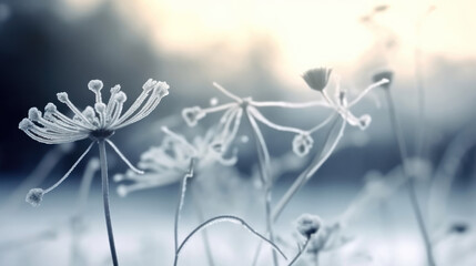 Winter landscape. Winter scene. Frozen flower/selective focus. Generative Ai.
