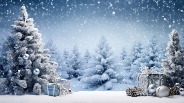 Beautiful Winter Landscape with snovy Fir Tree Branches and Cones in Snowy Forest. Christmas and New Year greeting card. Winter banner with copy space.