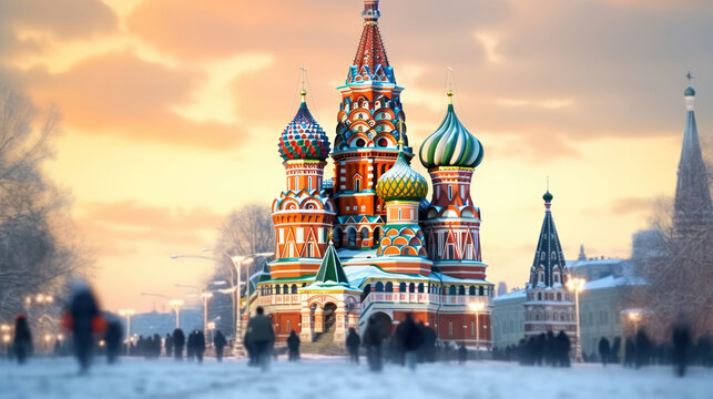 Moscow, Russia, Red square, view of St. Basil's Cathedral in winter. Generative Ai.