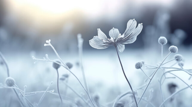 Winter landscape. Winter scene. Frozen flower/selective focus. Generative Ai.