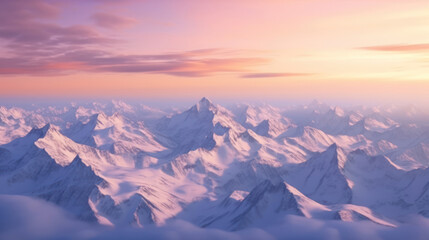 Fototapeta na wymiar Aerial View from Airplane of Blue Snow Covered Canadian Mountain Landscape in Winter. Colorful Pink Sky Art Render. Generative Ai.