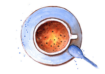 Watercolor drawing of a cup of coffee on a blue saucer and a spoon on a white background.