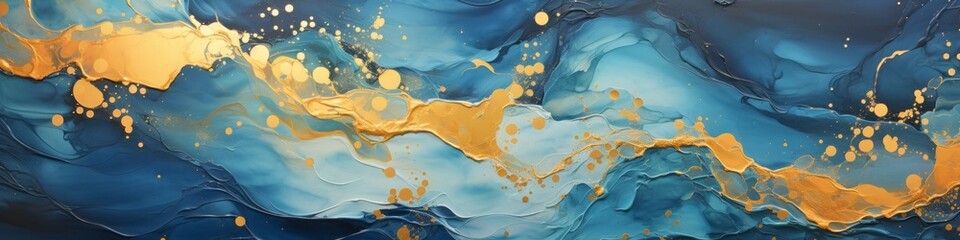 Banner Abstract marble waves, painted with crushed gold. Made in liquid art style. Epoxy resin texture with blue and gold as background. - obrazy, fototapety, plakaty