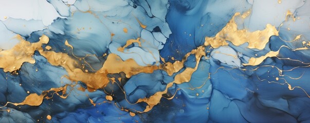 Banner Abstract marble waves, painted with crushed gold. Made in liquid art style. Epoxy resin texture with blue and gold as background.