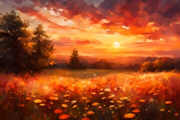 Obraz na płótnie Canvas A breathtaking sunset over a summer meadow, painting the sky with warm hues.
