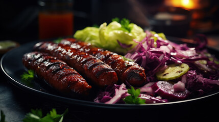 Super delicious plated dish of steaming merguez sausages, with sliced cabbage and pickles on the side, served in a plate. Generative Ai. - obrazy, fototapety, plakaty