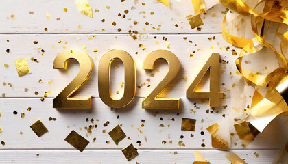 topview of golden numbers of the year 2024 lying on a white rustic wooden table