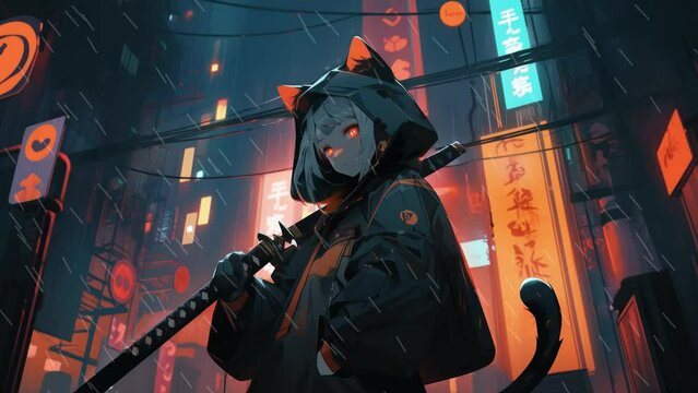 Anime girl with cat ears holding Katana on the street of cyberpunk city in the rainy night, neon lights, big city, streets 4k background