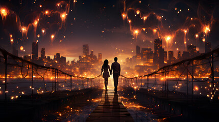 Bridging the gap between hearts: Illustrate a scene where a traveler crosses a charming bridge adorned with heart-shaped locks, each one telling a unique love story. - obrazy, fototapety, plakaty