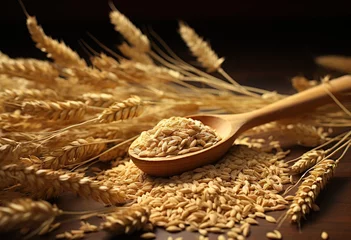 Poster Golden Harvest: A close-up of freshly harvested grain, beautifully backlit, capturing the essence of agricultural abundance. © Яна Деменишина