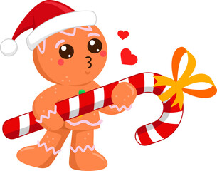 Cute Christmas Gingerbread Man Cartoon Character Sends Kisses And Holding Big Candy Cane. Illustration Isolated On Transparent Background