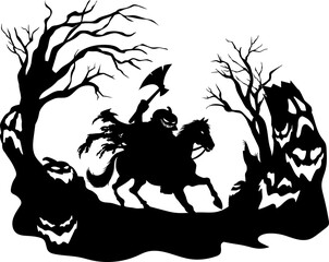 Headless Horseman Silhouette Running Axe And Jack's Lantern Pumpkin Head. Illustration Isolated On Transparent Background